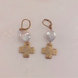 Freshwater Pearl Drop Cross Earrings
